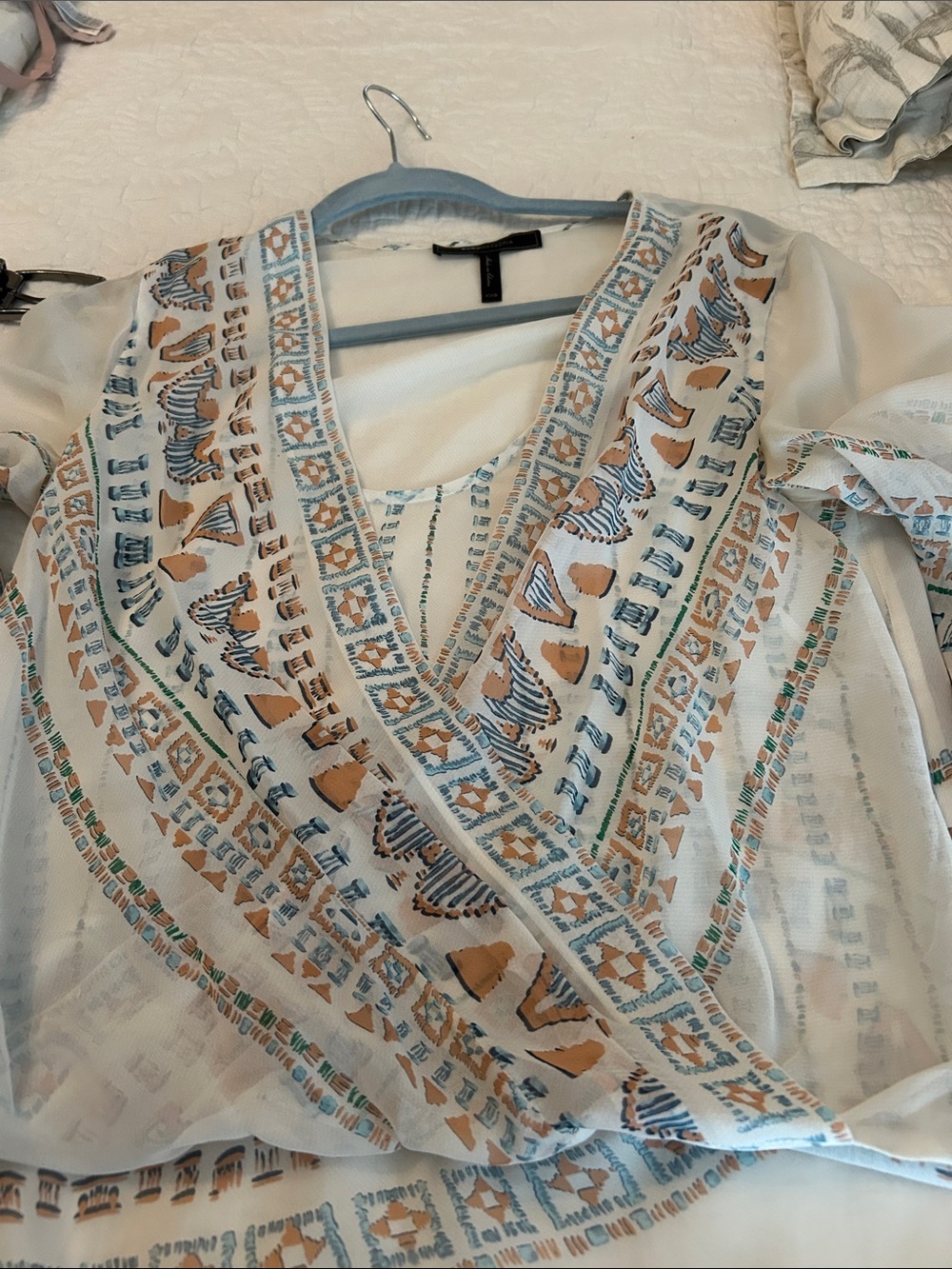 BCBGMaxAzria White Boho V-Neck Blouse with Blue and Tan Embroidery